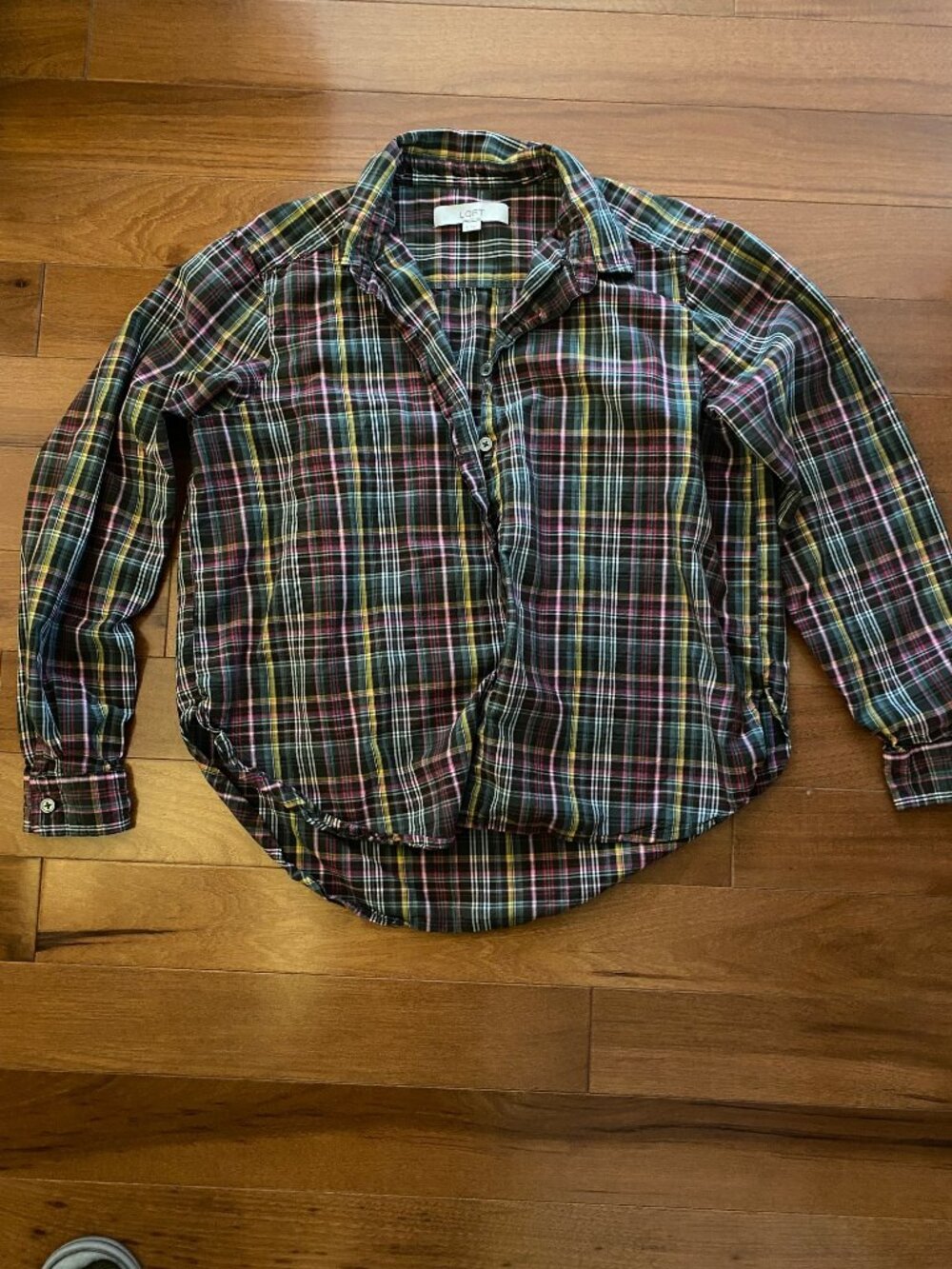 Loft fall plaid olive green burgundy gold blouse Small